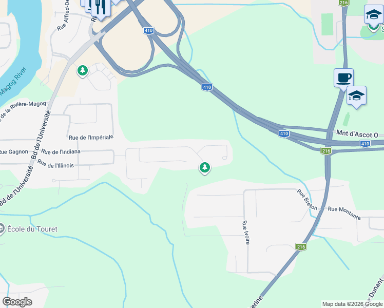 map of restaurants, bars, coffee shops, grocery stores, and more near 3716 Rue de Toulon in Sherbrooke