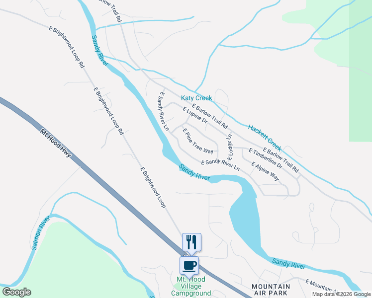 map of restaurants, bars, coffee shops, grocery stores, and more near 64785 East Sandy River Lane in Rhododendron
