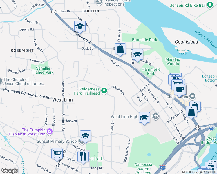 map of restaurants, bars, coffee shops, grocery stores, and more near 6002 Skyline Circle in West Linn