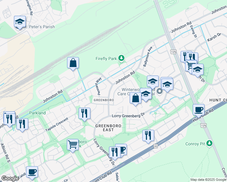 map of restaurants, bars, coffee shops, grocery stores, and more near 27 Rialto Way in Ottawa
