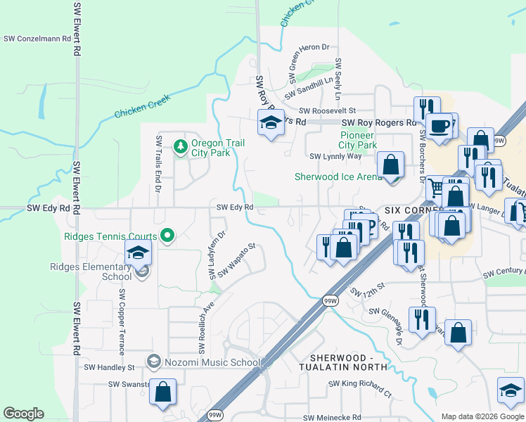 map of restaurants, bars, coffee shops, grocery stores, and more near 17414 Southwest Edy Road in Sherwood