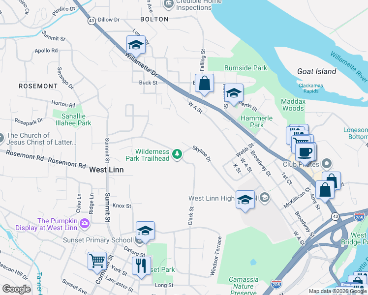 map of restaurants, bars, coffee shops, grocery stores, and more near 6002 Skyline Circle in West Linn