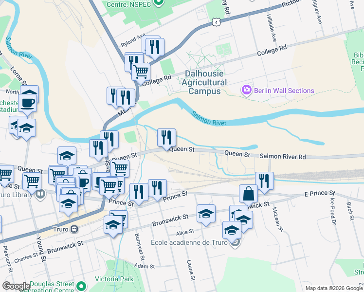 map of restaurants, bars, coffee shops, grocery stores, and more near 355 Queen Street in Truro