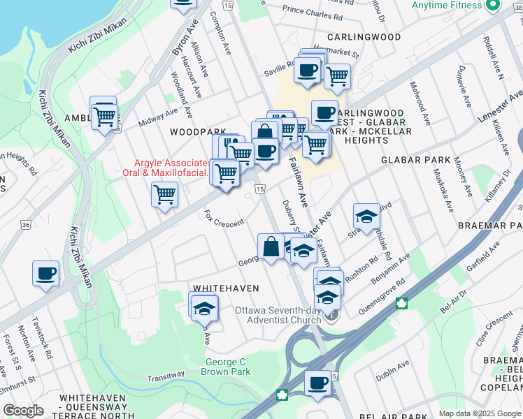map of restaurants, bars, coffee shops, grocery stores, and more near 840 Woodroffe Avenue in Ottawa