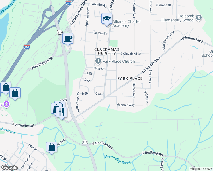 map of restaurants, bars, coffee shops, grocery stores, and more near 542 C Street in Oregon City