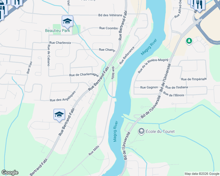 map of restaurants, bars, coffee shops, grocery stores, and more near 5015 Rue Mills in Sherbrooke