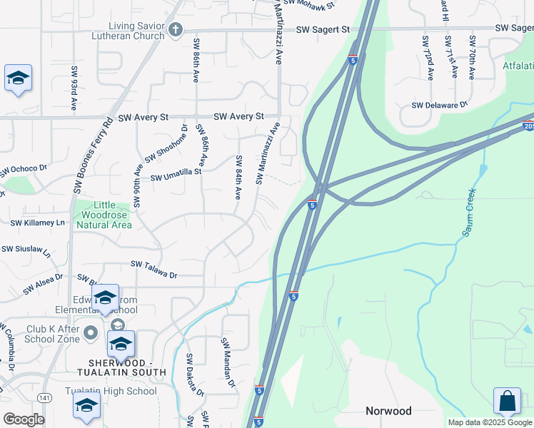 map of restaurants, bars, coffee shops, grocery stores, and more near 8219 Southwest Ponca Court in Tualatin