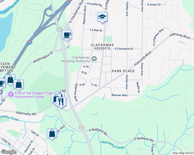 map of restaurants, bars, coffee shops, grocery stores, and more near 542 C Street in Oregon City