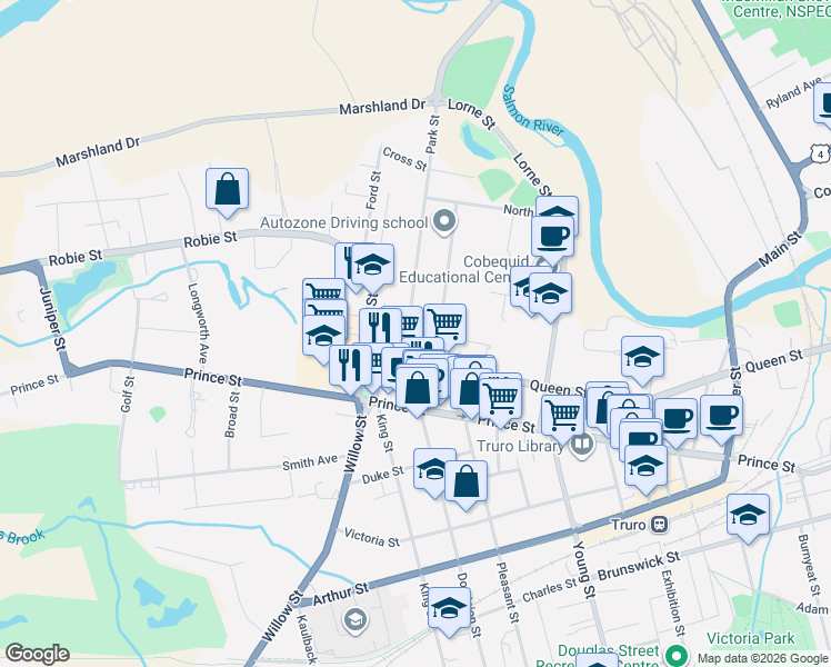 map of restaurants, bars, coffee shops, grocery stores, and more near 121 Park Street in Truro