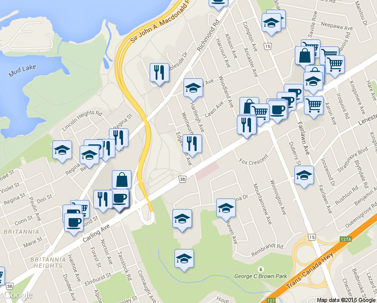 map of restaurants, bars, coffee shops, grocery stores, and more near 495 Edgeworth Avenue in Ottawa
