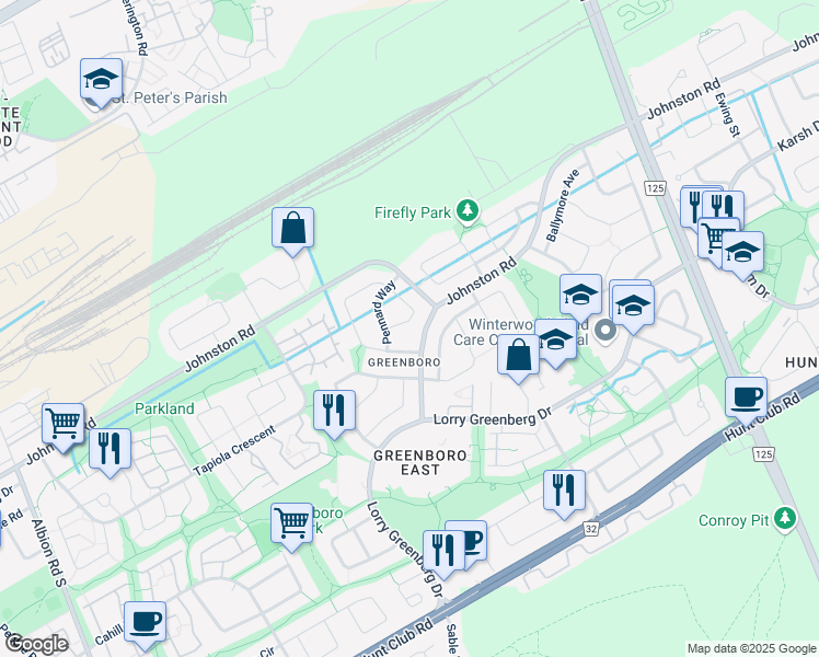 map of restaurants, bars, coffee shops, grocery stores, and more near 49 Binbury Way in Ottawa