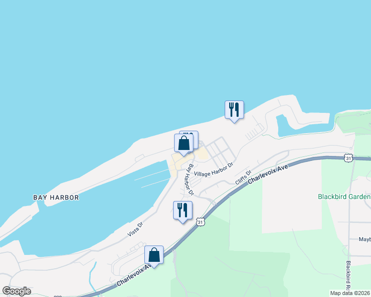 map of restaurants, bars, coffee shops, grocery stores, and more near 4160 Main Street in Petoskey