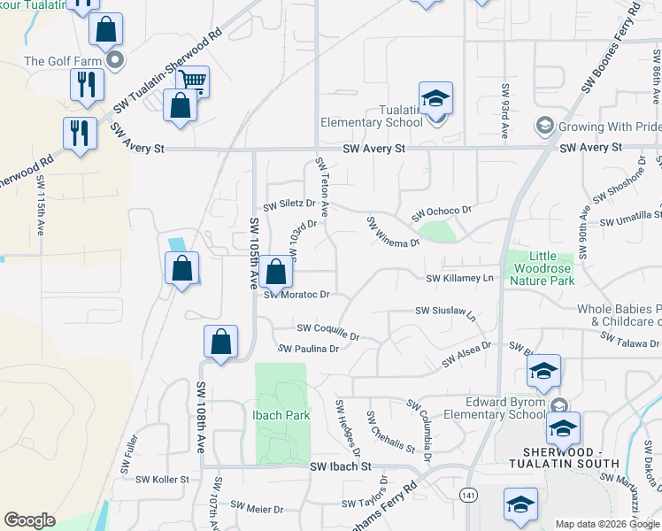 map of restaurants, bars, coffee shops, grocery stores, and more near 10217 Southwest Susquehanna Drive in Tualatin