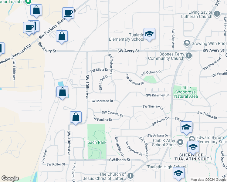 map of restaurants, bars, coffee shops, grocery stores, and more near 10217 Southwest Susquehanna Drive in Tualatin