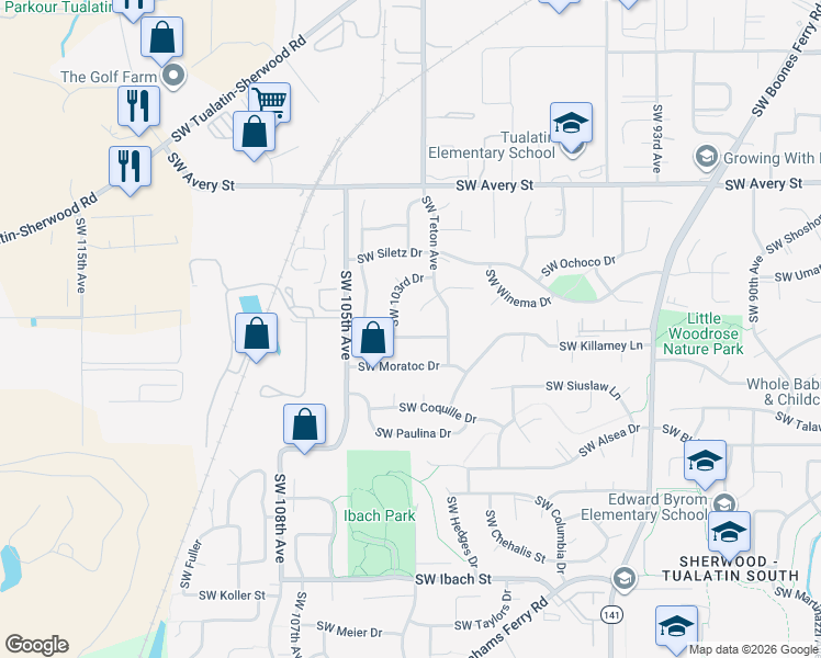 map of restaurants, bars, coffee shops, grocery stores, and more near 10279 Southwest Susquehanna Drive in Tualatin