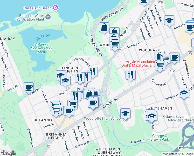 map of restaurants, bars, coffee shops, grocery stores, and more near 1300 Richmond Road in Ottawa