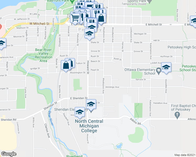 map of restaurants, bars, coffee shops, grocery stores, and more near 1025 Jefferson Avenue in Petoskey
