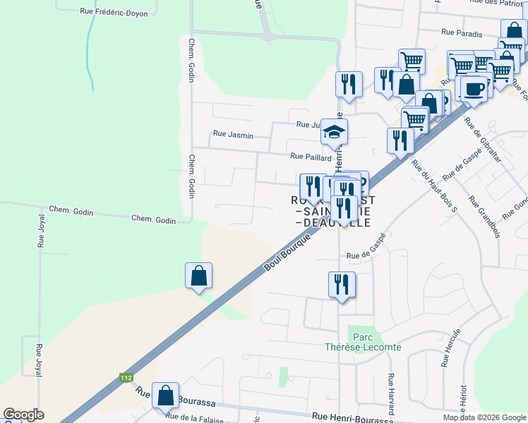 map of restaurants, bars, coffee shops, grocery stores, and more near 1656 Rue Rachel-Lussier in Sherbrooke