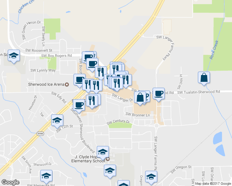 map of restaurants, bars, coffee shops, grocery stores, and more near 15992 Southwest Tualatin Sherwood Road in Sherwood