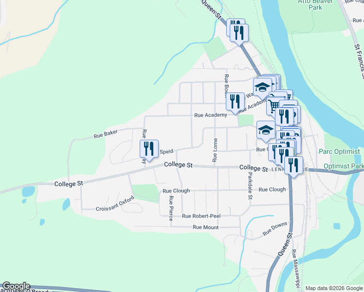 map of restaurants, bars, coffee shops, grocery stores, and more near 48 Rue Speid in Sherbrooke