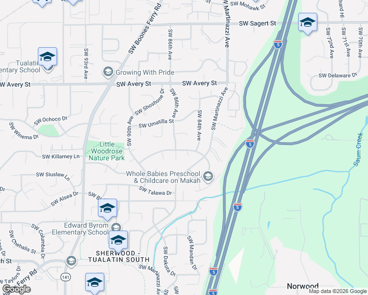 map of restaurants, bars, coffee shops, grocery stores, and more near 8501 Southwest Iroquois Drive in Tualatin
