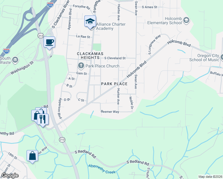 map of restaurants, bars, coffee shops, grocery stores, and more near 16495 Hunter Avenue in Oregon City