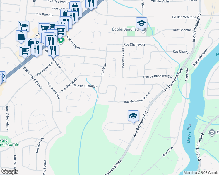 map of restaurants, bars, coffee shops, grocery stores, and more near 4702 Rue des Chanterelles in Sherbrooke