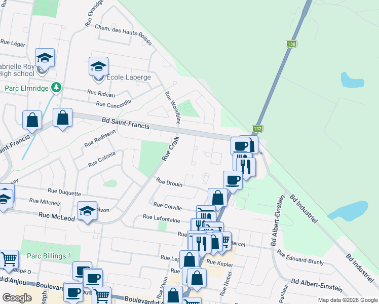 map of restaurants, bars, coffee shops, grocery stores, and more near 34 Place de L'Oree in Châteauguay