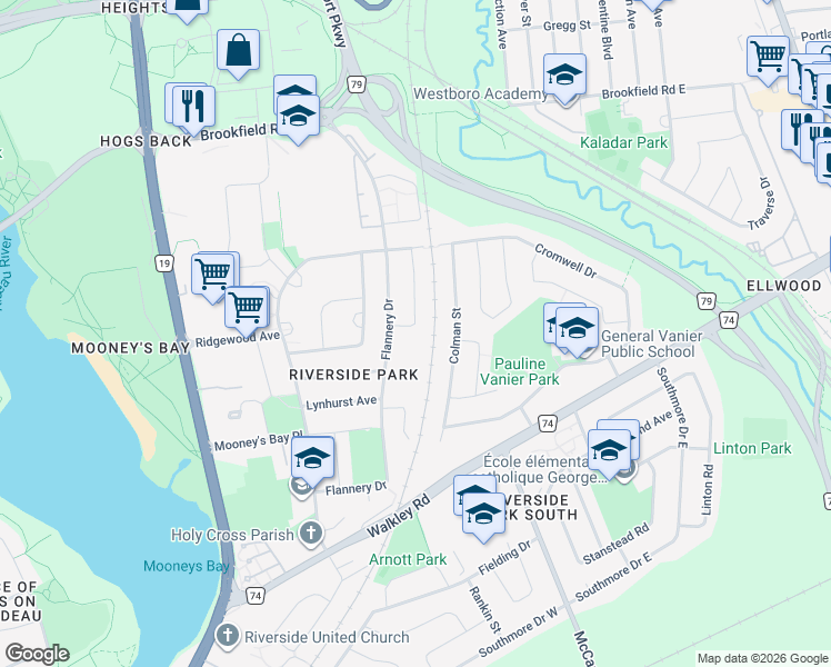 map of restaurants, bars, coffee shops, grocery stores, and more near 2685 Marble Crescent in Ottawa