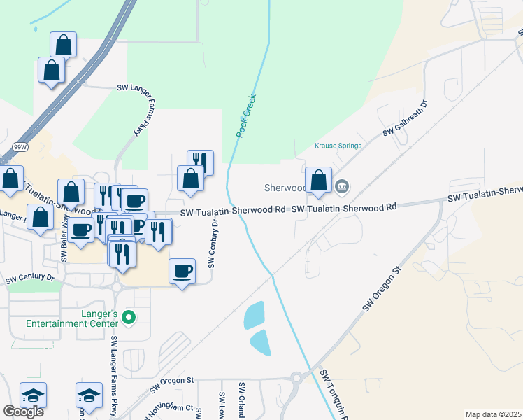 map of restaurants, bars, coffee shops, grocery stores, and more near SW Tualatin Sherwood Rd in Sherwood