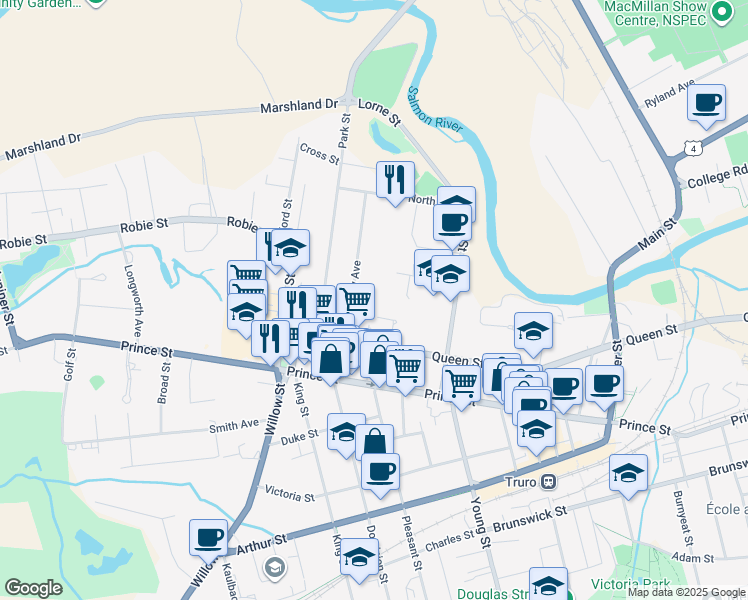 map of restaurants, bars, coffee shops, grocery stores, and more near 59 Queen Street in Truro