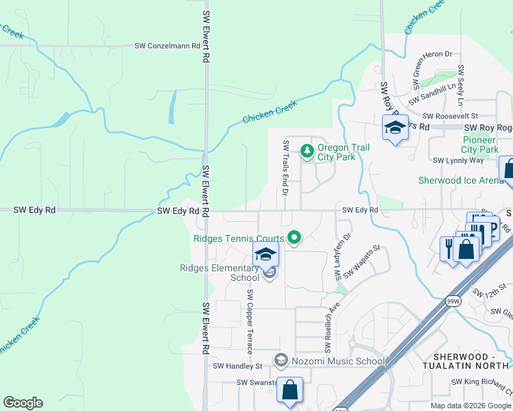 map of restaurants, bars, coffee shops, grocery stores, and more near 18267 Elderberry LN in Sherwood