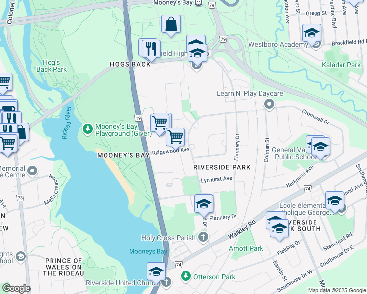 map of restaurants, bars, coffee shops, grocery stores, and more near 785 Ridgewood Avenue in Ottawa