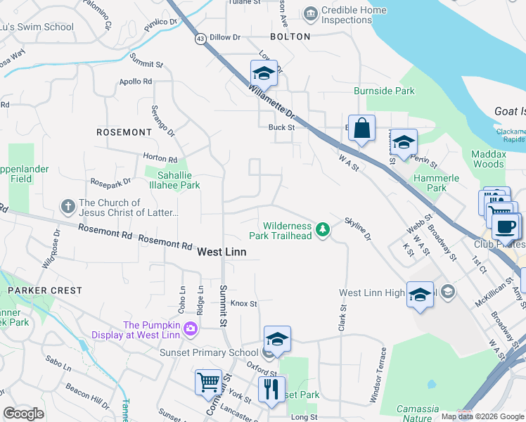 map of restaurants, bars, coffee shops, grocery stores, and more near 5099 Woodwinds Court in West Linn