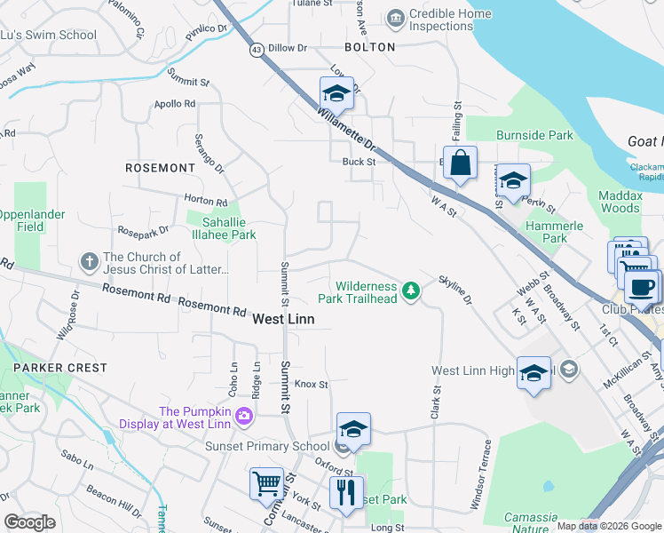 map of restaurants, bars, coffee shops, grocery stores, and more near 2626 Wake Robin Court in West Linn