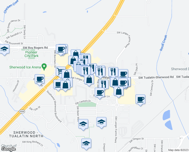 map of restaurants, bars, coffee shops, grocery stores, and more near 15754 Southwest Tualatin Sherwood Road in Sherwood