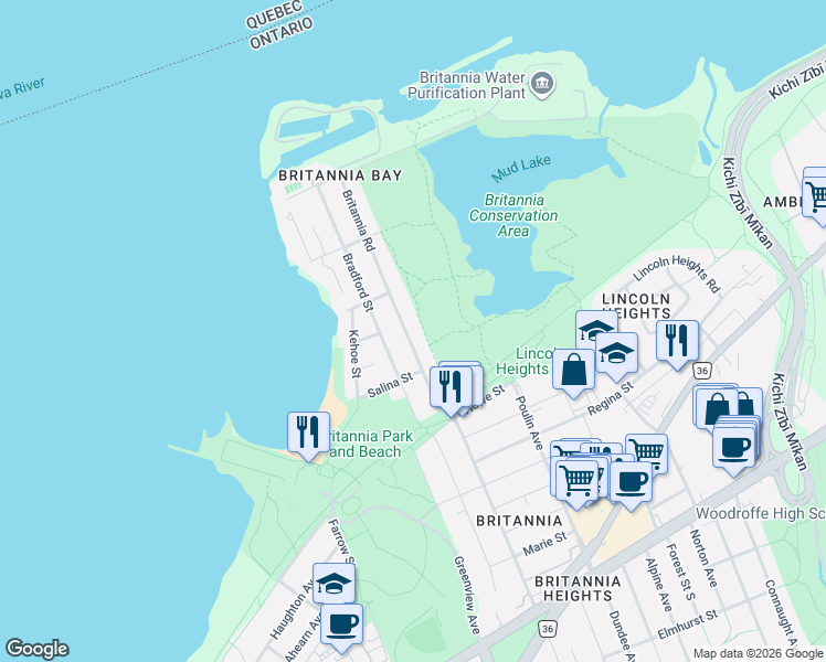 map of restaurants, bars, coffee shops, grocery stores, and more near 202 Britannia Road in Ottawa