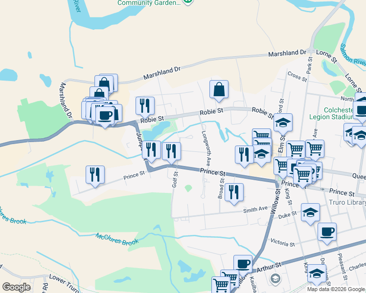 map of restaurants, bars, coffee shops, grocery stores, and more near 5 Pattillo Avenue in Truro