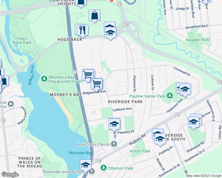 map of restaurants, bars, coffee shops, grocery stores, and more near 740 Springland Drive in Ottawa