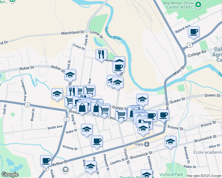 map of restaurants, bars, coffee shops, grocery stores, and more near 60 Lorne Street in Truro