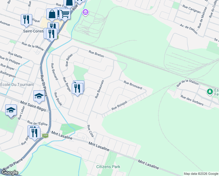 map of restaurants, bars, coffee shops, grocery stores, and more near 117 Rue Brossard in Saint-Constant