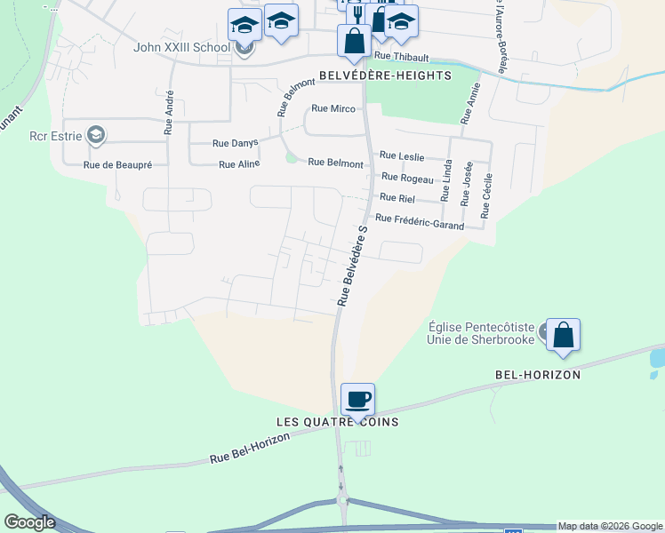 map of restaurants, bars, coffee shops, grocery stores, and more near 2344 Rue de la Golconda in Sherbrooke