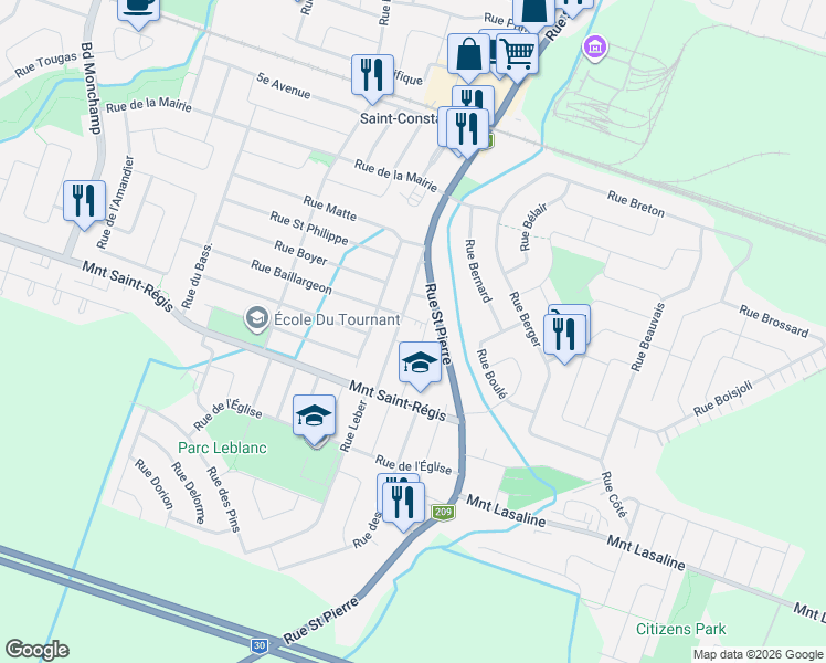 map of restaurants, bars, coffee shops, grocery stores, and more near 206 Rue Saint-Roch in Saint-Constant