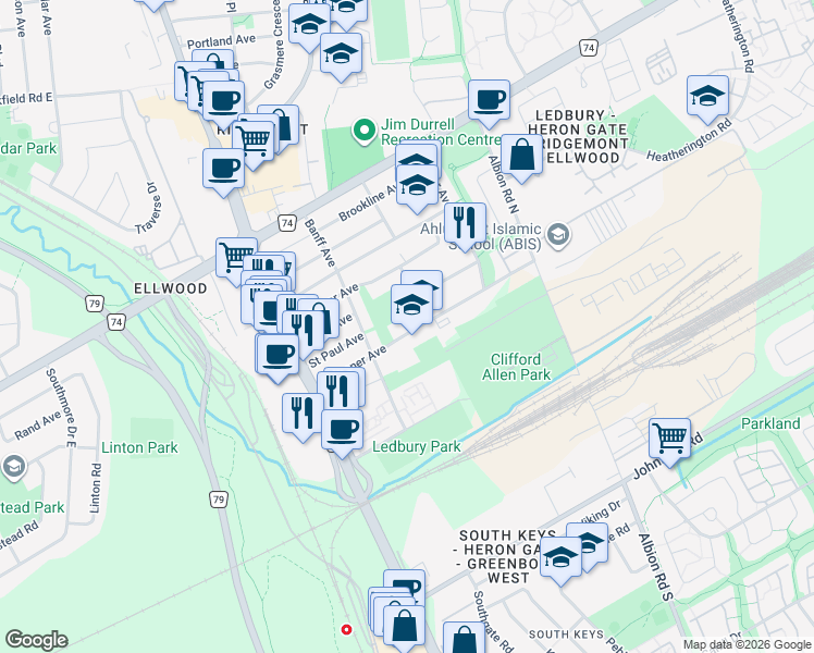 map of restaurants, bars, coffee shops, grocery stores, and more near 1297 Kitchener Avenue in Ottawa