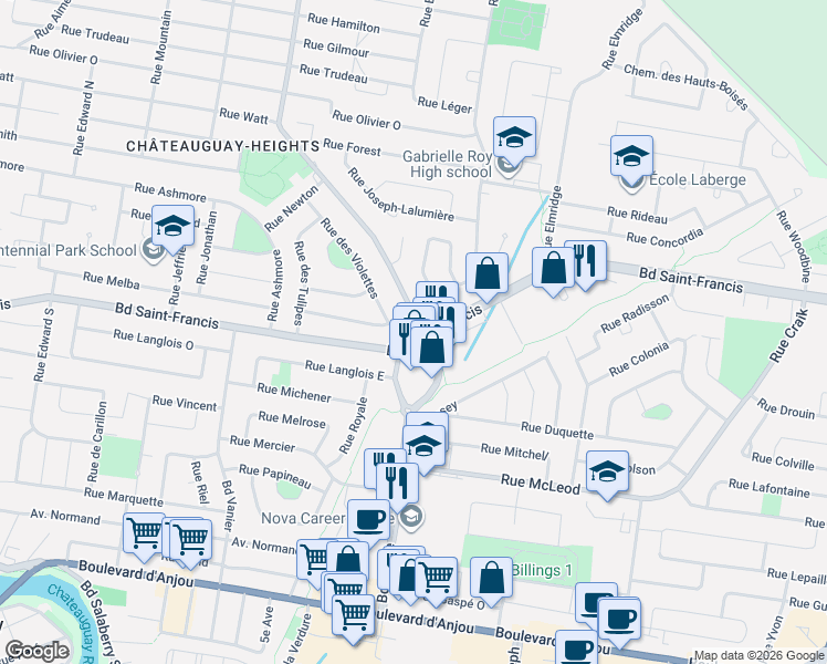 map of restaurants, bars, coffee shops, grocery stores, and more near 201 Boulevard Saint-Francis in Châteauguay