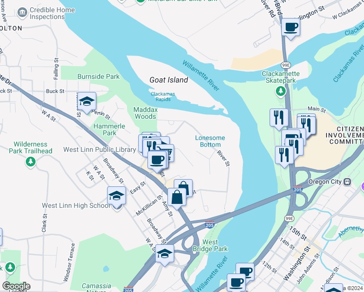 map of restaurants, bars, coffee shops, grocery stores, and more near 5651 Cascade Street in West Linn
