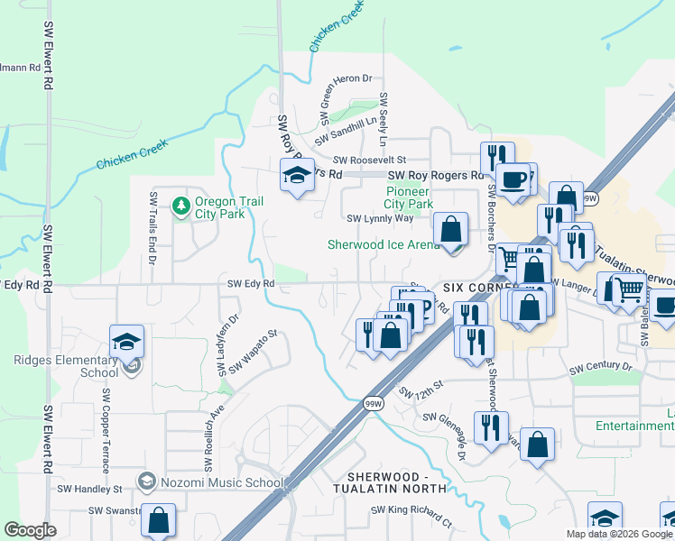map of restaurants, bars, coffee shops, grocery stores, and more near 17193 Southwest Terrapin Drive in Sherwood