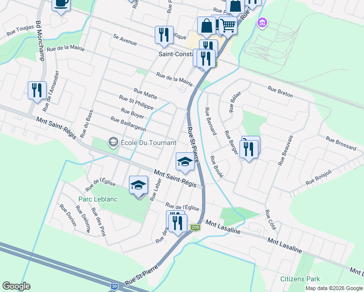 map of restaurants, bars, coffee shops, grocery stores, and more near 206 Rue Saint-Roch in Saint-Constant