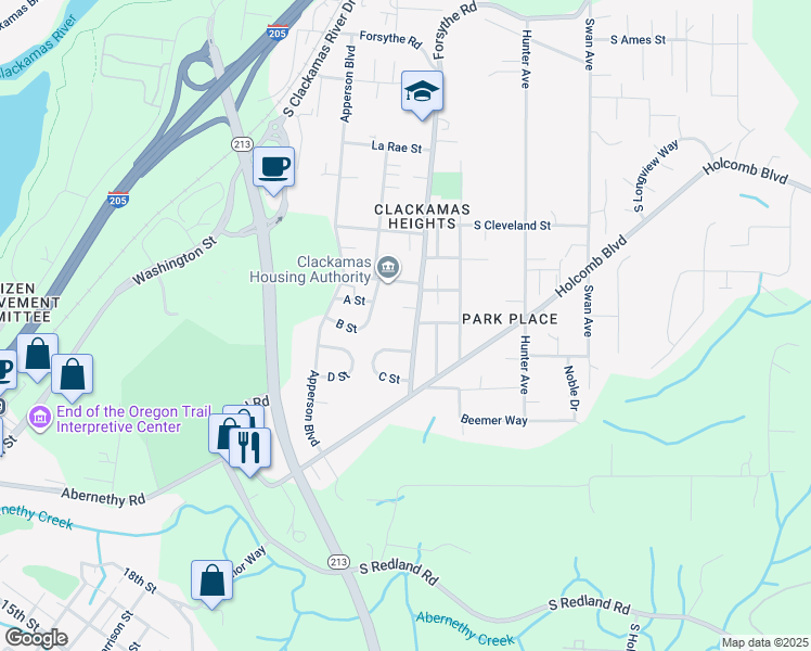 map of restaurants, bars, coffee shops, grocery stores, and more near 542 C Street in Oregon City