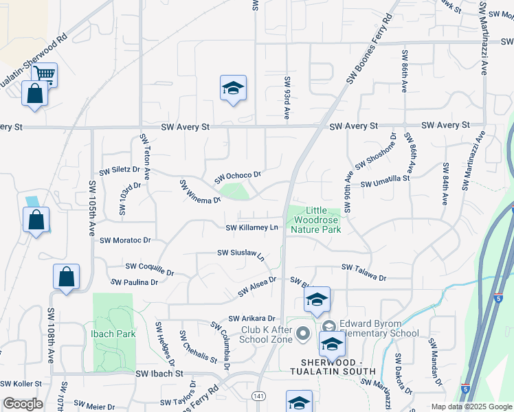 map of restaurants, bars, coffee shops, grocery stores, and more near 9515 Southwest Killarney Lane in Tualatin